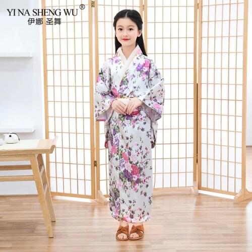 Japan Traditional Robe Satin Girls Kimono Yukata Child Print Dress Bridesmaid Flower Girl Clothing Silk Nightgown Peacock Robe