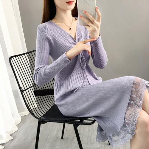 V-Neck Knitted Dress Women Spring Autumn Solid Purple Sweater Dresses Women Knee-Length Bodycon Long Sweater Female New X361