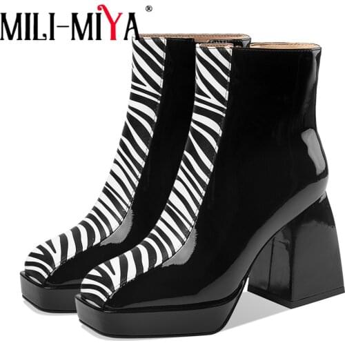 MILI-MIYA Stone Pattern Stretch Ankle Boots Women Thick High Heels Square Toe Zipper Autumn Dress Party Shoes Ladies Dark Brown
