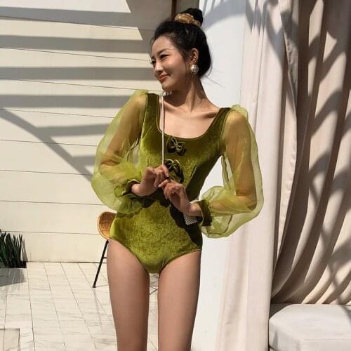 2021 Korea Sexy Gauze Long Sleeve One Piece Swimsuit Women Solid Golden Velvet Swimwear Monokini Backless Swim Suit Bathing Suit