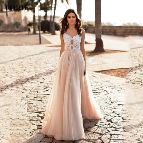 LORIE Lace Champagne Wedding Dress 2020 A Line Sexy Back With Pearls Boho Bride Dress For Women Vestido Novia