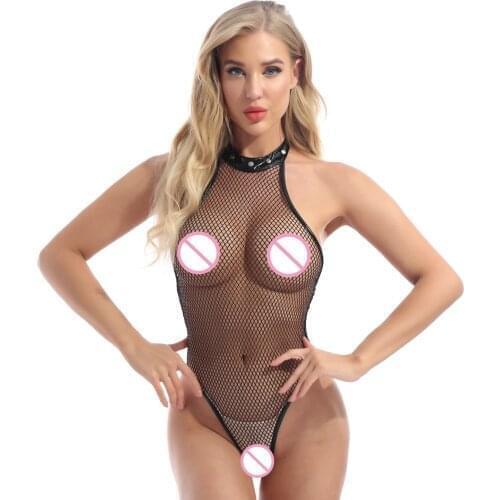 Women Sexy Lingerie One-piece Fishnet Bodysuit See-through Mesh Swimsuit High Cut Sleeveless Backless Hollow Out Leotard Catsuit