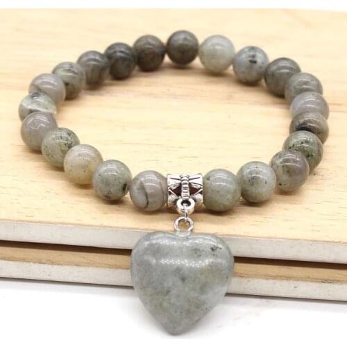 100-Unique Popular 1 Pcs Silver Plated Love Heart Connect Labradorite Stone Round Beads Elastic Bracelet