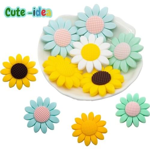Cute-idea 5pcs Silicone Beads 40mm Sunflower BPA Free Food Grade Chew Teether Necklace Handmade Gifts Baby Teether Toys DIY