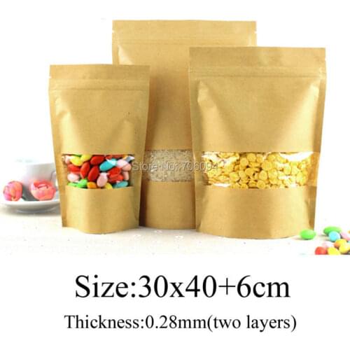 50PCS 30*40+6cm Stand-up Kraft Paper Bag for gift candy coffee tea Window Kraft Zipper/zip lock Bag,Brown Kraft Paper Pouch