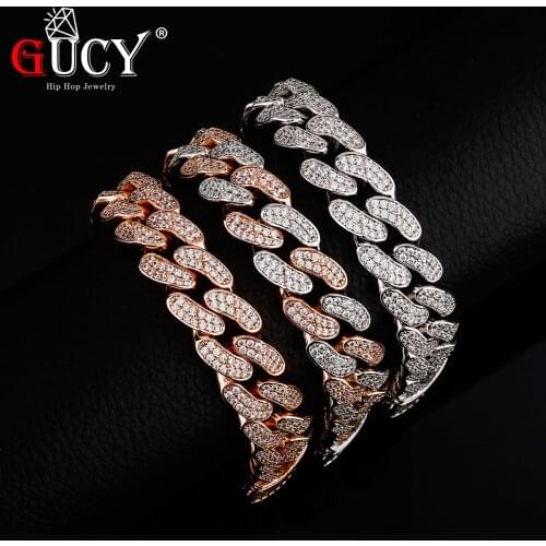 GUCY 14MM High Quality Cuban Chain Bracelet Mens Hip Hop Jewelry Iced Out AAA Cubic Zirconia Bracelet 7" 8"