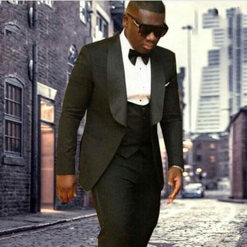 Black Men Wedding Suits Wide Shawl Lapel Man Blazer Slim Fit Terno Masculino Costume Homme Groom Tuxedos 3Piece Coat Pants Vest
