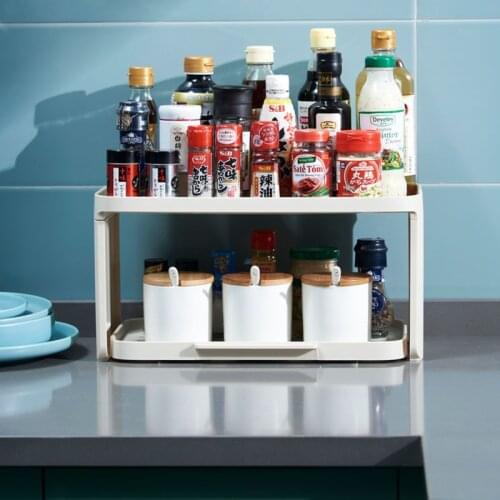 Double layer table top kitchen organizer Japanese-style household condiment storage rack high load-bearing plastic shelf