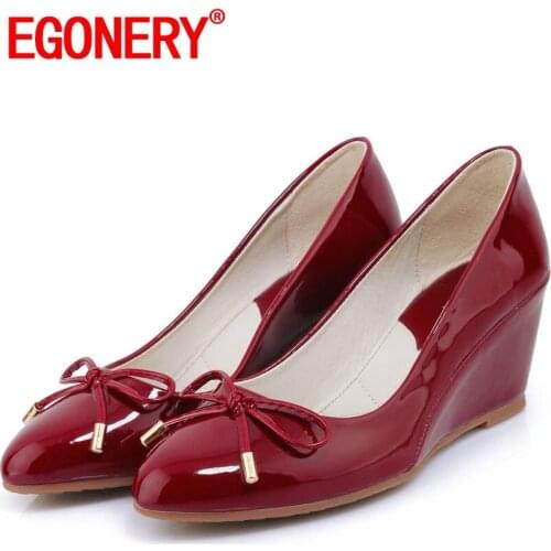 EGONERYspring new pattern patent leather slope heel fashion women shoes comfortable ventilation sweet butterfly knot sweet