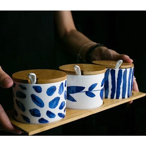 Japan Zakka Style Ceramic Storage Bottle Spice Seal Pot Bamboo Cover White 3 Sets Choices Dried Fruit Jar Ins Popular Set