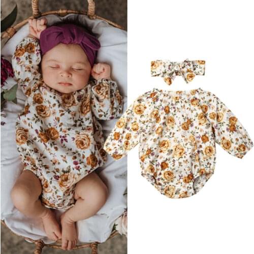 Boho Style Newborn Baby Girls Clothes Flower Long Sleeve Rompers Spring Autumn Baby Rompers Jumpsuit With Headband Outfit