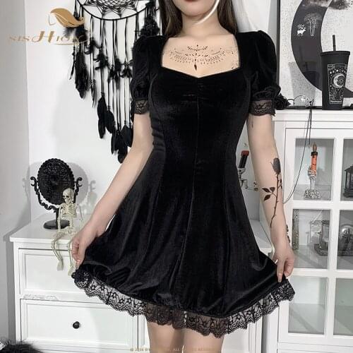 SISHION Square Neck Puff Sleeve Lace Gothic Dress VD2120 Mini Black Goth Party Sexy Dress