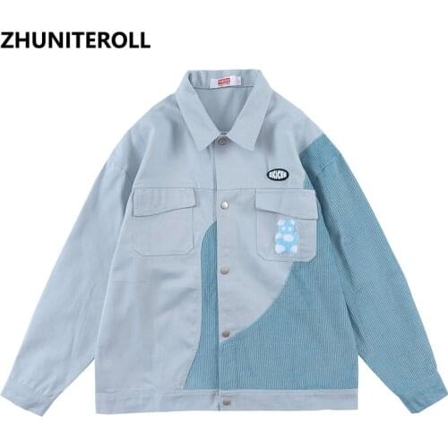 Towel Embroidery Jacket Men Corduroy Patchwork Harajuku 2021 Bomber Baseball Coats Streetwear High Street Fashion Tops Clothing