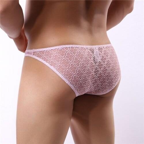 Mens underwear mesh low waist perspective low waist briefs full transparent lace panties jacquard briefs man panties see through