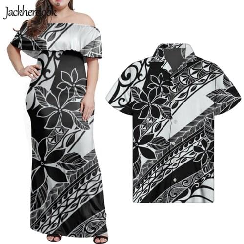 Jackherelook Black Hawaiian Outfits Couple Clothing Polynesain Tribal Floral Elegant Off Shoulder Dress Summer Bodycon Dresses