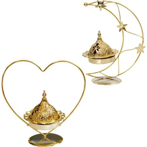 Ramadan Middle East Arab Golden Metal Star and Moon Shape Incense Burner Candle Holder Dual Simple Aroma Diffuser tts