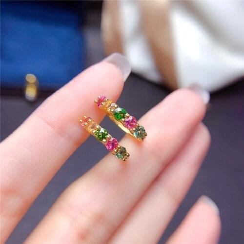 WEAINY Natural Candy Color Tourmaline Cuff Earrings Huggie Stud S925 Sterling Silver Huggie Stud Colored Gem with Certificate