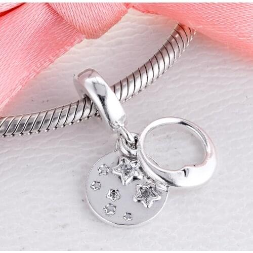 Authentic 925 Sterling Silver Sleeping Moon and Stars Dangle Charms Fits Pandora Bracelet Charmsy Beads DIY Jewelry Making Gift