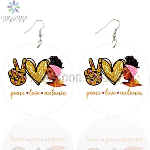 SOMESOOR Peace Love Melanin Headwrap Girl Wooden Drop Earrings Both Side Print Handmade Ear Loops Dangle Jewelry For Women Gifts