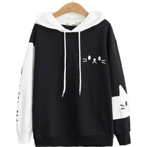 XUANHAO Women Hooded Sweatshirts Fall Winter Long Sleeve Hit Color Pullover Femme Cartoon Cat Embroidery Harajuku Hoodies