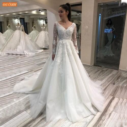 Gorgeous White Wedding Dresses Long Sleeves Lace Up Appliqued Beaded Ball Gown Bridal Dress Custom Made 2020 Vestido De Noiva