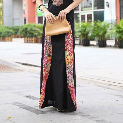 2019 Spring Summer Vintage National Black Cotton Linen Floral Stitching Striped Female Slim Woman Straight Skirt Womens + Belt