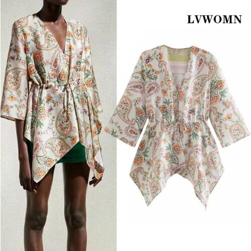 LVWOMN Za Women Blouses Fashion 2021 Summer Elegant Irregular Long Sleeves Print Shirt Women Clothing Vintage Top Chic Blouse