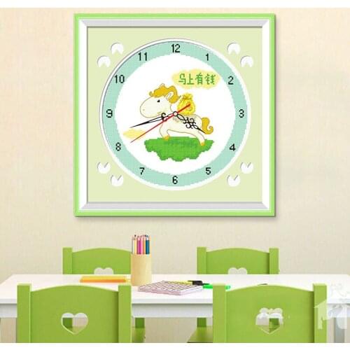 11ct printed canvas cross stitch kit Kids love cartoon pattern lucky pony cross stitch wall clock Room wall decoration painting