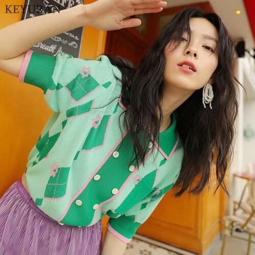 2021 Summer Thin Knit Sweater Fashion New Style Elegant Contrast Turn Down Collar Short Sleeve Knitted T Shirts Womens Top