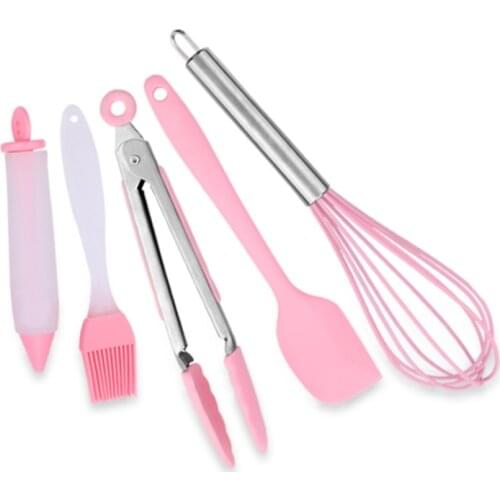 5Pcs / set Pink Silicone Baking Set Stainless Steel Egg Beater Brush Food Clip Cake Decorating Practical Kitchen Cooking Tool