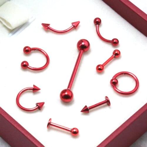 9pcs red Anodized Stainless Steel Captive Beaded Eyebrow Nose Labret Lip Ear Ring Tragus Earring Tongue Piercing Body Jewelry