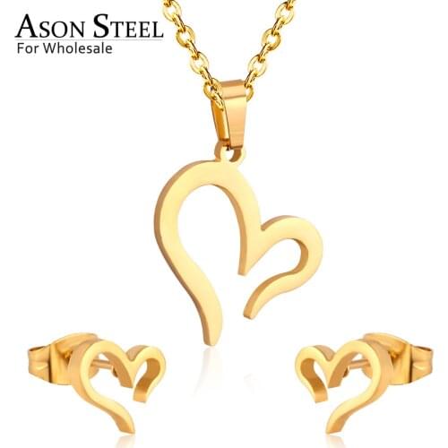 ASONSTEEL Gold Color Jewelry Sets 316L Stainless Steel for Women 2019 Heart Pendant Necklace Small Stud Earrings for Femme