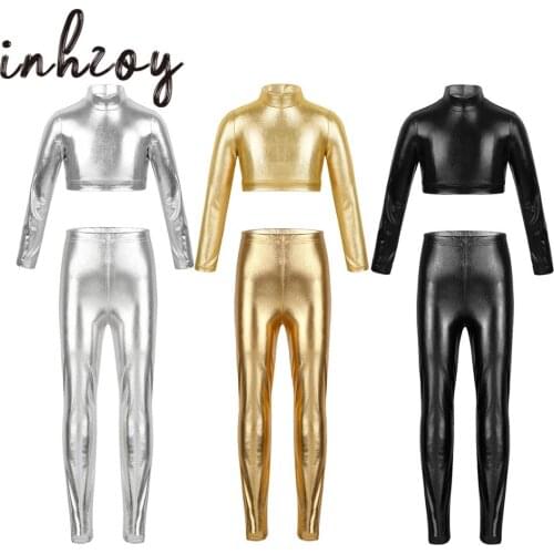 Kids Girls Tracksuit Outfit Shiny Metallic Long Sleeve Crop Tops With Leggings Pants For Ballet Dance Stage Performance Workout