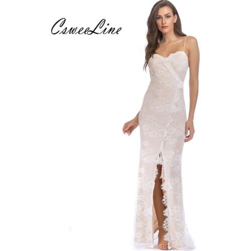 High waist front slit lace long dress evening party vestidos 2018 summer sexy elegant sleeveless spaghetti strap wrap maxi dress