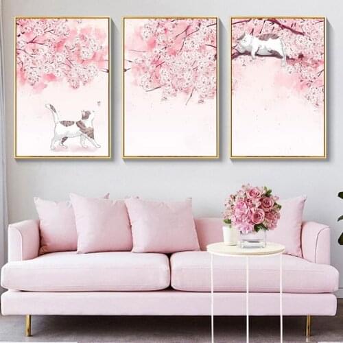 Japanese Style Cherry Blossom Canvas Painting Wall Art Cat Pink Posters Prints Room Decor Picture For Bedroom Home Decoration