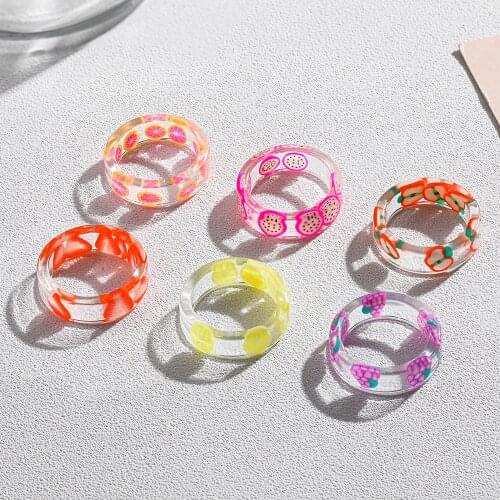 Fresh Fruits Transparent Resin Acrylic Ring for Women Girls Fashion Grape Strawberry Lemon Finger Rings Korean Cute Jewelry Gift