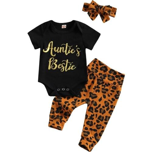 FOCUSNORM Summer Casual Toddler Baby Girls Boys Clothes Sets 3pcs Letter Leopard Print Short Sleeve Romper Pants Headband