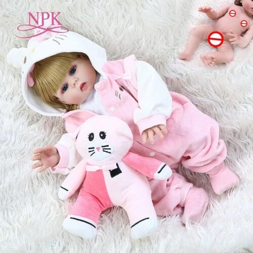 48CM full body soft silicone bebe doll reborn baby girl in pink Kitten dress set lifelike flexible baby doll