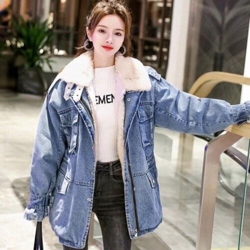 Women Casual Cotton Coat Loose Medium Long Lambswool Denim Jacket Blue Fur Collar Office Lady Full Sleeve Cowgirl Outerwear