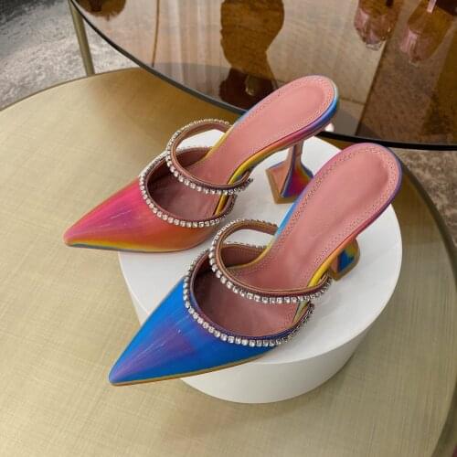 Summer 2021 Pointed Toe Strap Closed Toe High Heel Sandals Rhinestone Leopard Muller Womens Slippers