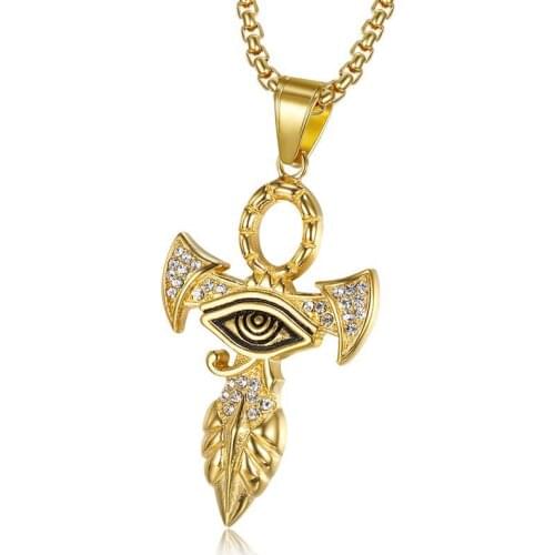 Hip Hop Rhinestones Paved Bling Iced Out Stainless Steel Eye of Horus Ankh Cross Pendants Necklaces for Men Rapper Jewelry