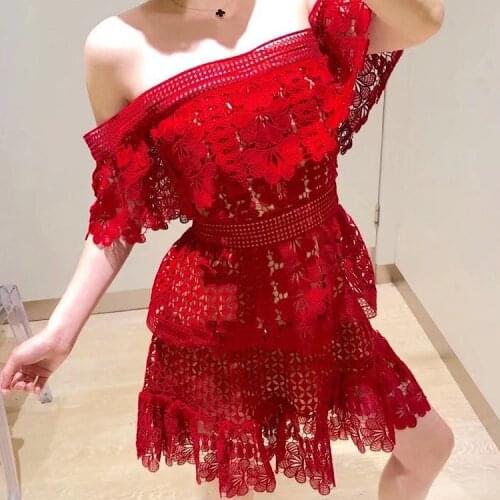 One summer New with word led off-the-shoulder splicing falbala F0438 hollow out red dress