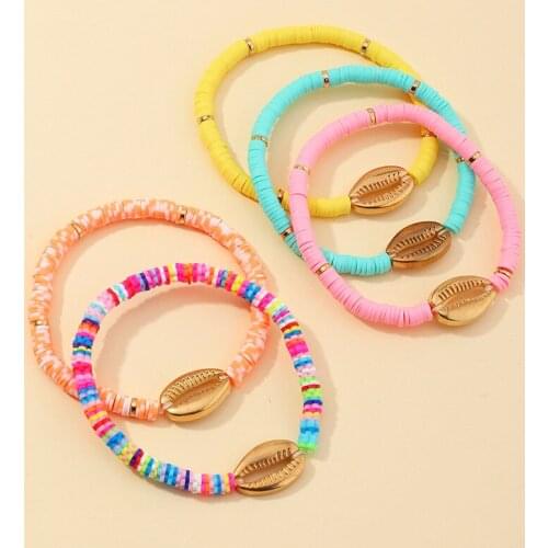 New Fashion Multicolor Polymer Clay Discs Beads Bracelet Boho Elastic Hand Jewelry for Women Handmade Gold Color Shell Bracelet