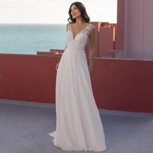 Charming A-Line Chiffon Deep V-Neck Wedding Dress 2021 Sweep Train Lace Appliques Backless Bridal Gowns for Bride Custom Made