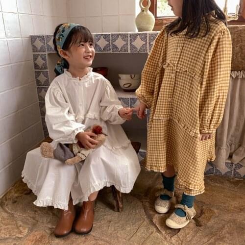 2021 Autumn New Korean Style Baby Girls Plaid Dress Long Sleeve Ruffles Loose Toddlers Kids Princess Dresses