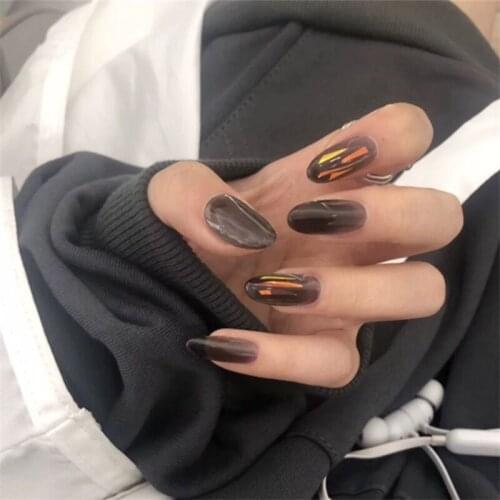Transparent black colored glaze UV gel false nails french Round lady full gel nail tips middle-long fake nails Nail art