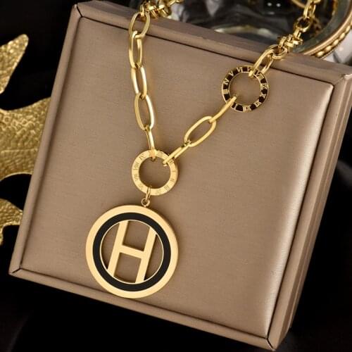 No fading 316L stainless steel wide Necklace exquisite large letter Round Pendant hip hop fashion womens gift jewelry