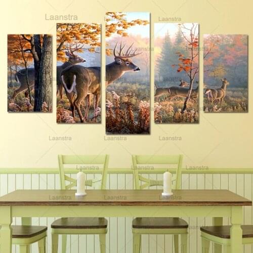 Modern Wall Hd Printed Canvas Painting Art Modular Poster Frame 5 Panel Forest Deer Landscape Home Decor Living Room Pictures