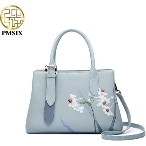 PMSIX Luxury Women Handbags Flowers Printing Cow Leather Handbag For Ladies Elegant Designer Shoulder Bags Fashion Female Bag