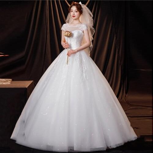 Wedding Dresses Illusion O-Neck Short Tulle Lace Embroidery Sequined Pearls Backless Luxury White Elegant Women Bridal Gown G501